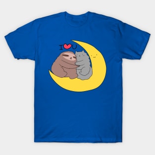 I Love You Moon Sloth and Cat T-Shirt